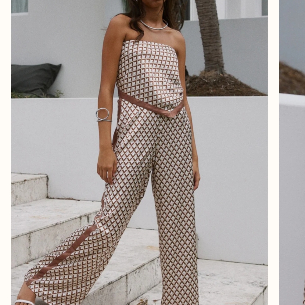 Seven Wonders Geometric Top And Pant Set in Cream and Brown (XS)